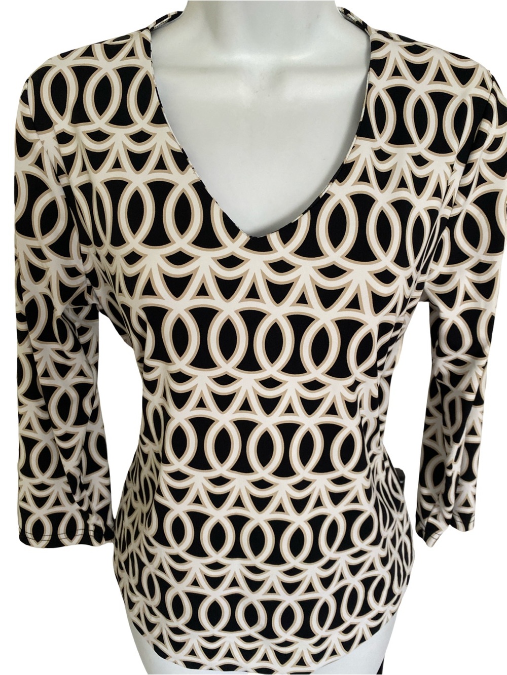 Lulu-B Brown & Cream Geometric V-Neck Long Sleeve Top- S